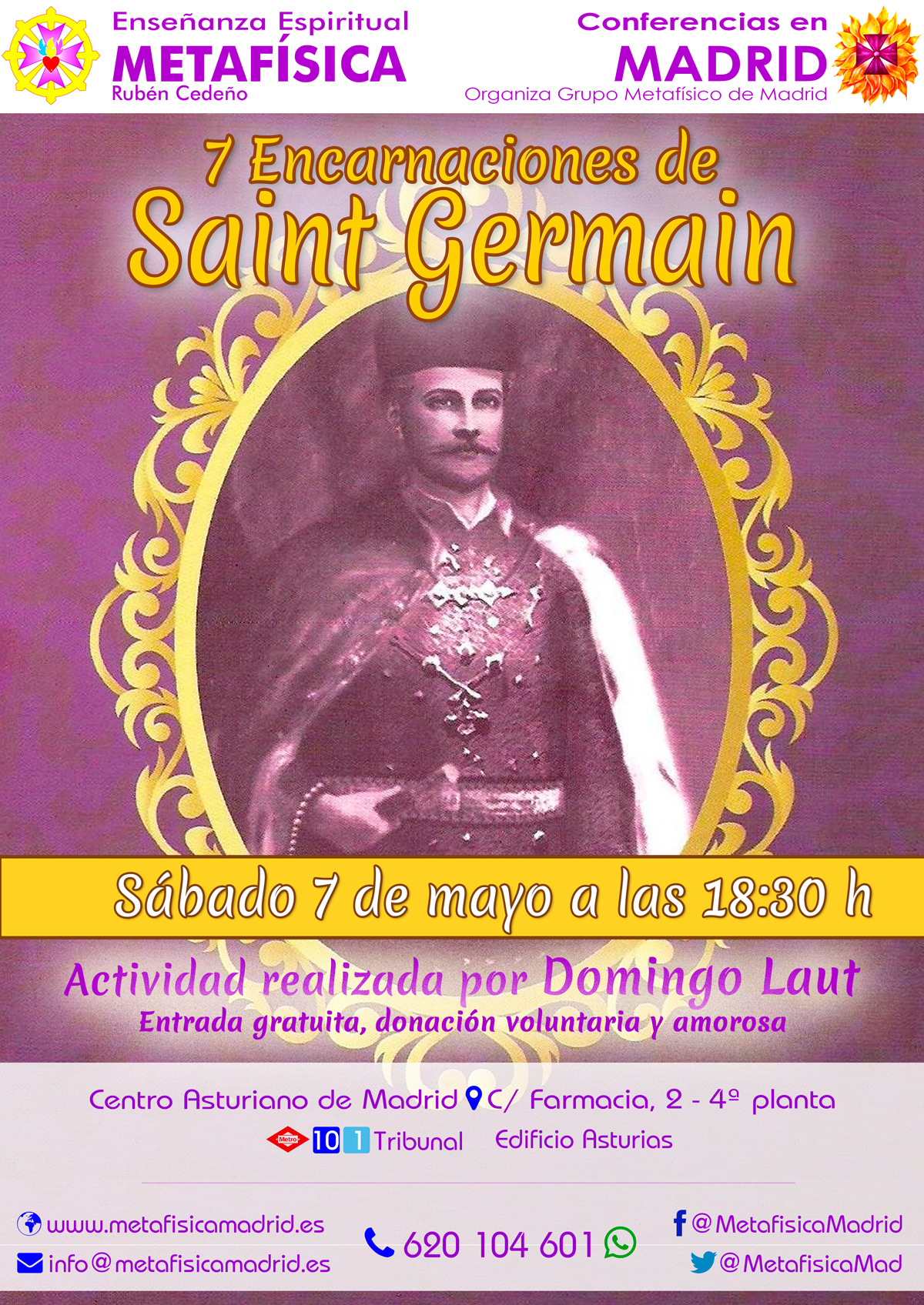 conferencia 7 encarnaciones de saint germain 7 mayo 2022 18 30 horas centro asturiano grupo metafisica madrid