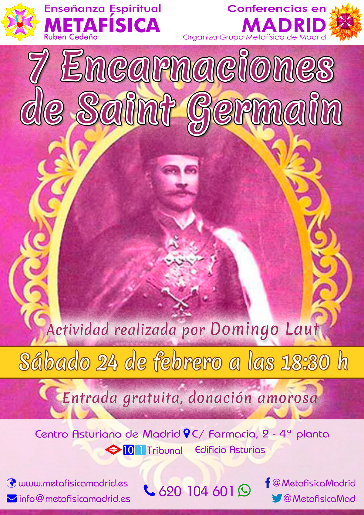 conferencia 7 encarnaciones de saint germain 24 febrer0 2024 18 30 horas centro asturiano grupo metafisica madrid